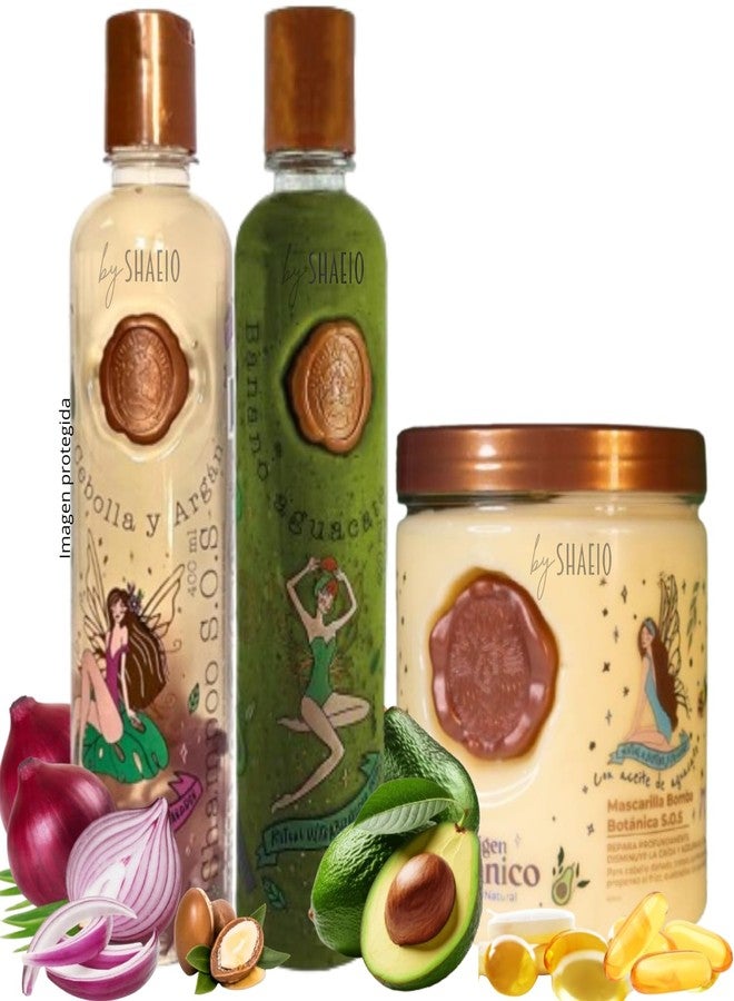 SHAEIO RITUAL BOTANICO KIT 3 Crecimiento Acelerado Ultra Reparador S.O.S de Origen Botánico: Shampoo de Cebolla, Mascarilla para el Cabello Bomba Capilar, Acondicionador Intensivo PLEX (+ OBSEQUIO TRENDY) - Image 1